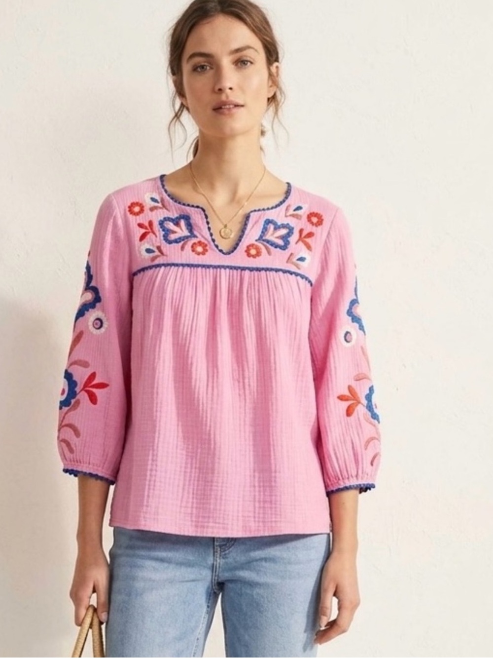 Boden Abigail Embroidered Top | Pink Cotton Gauze Peasant Blouse | US 14 / UK 18